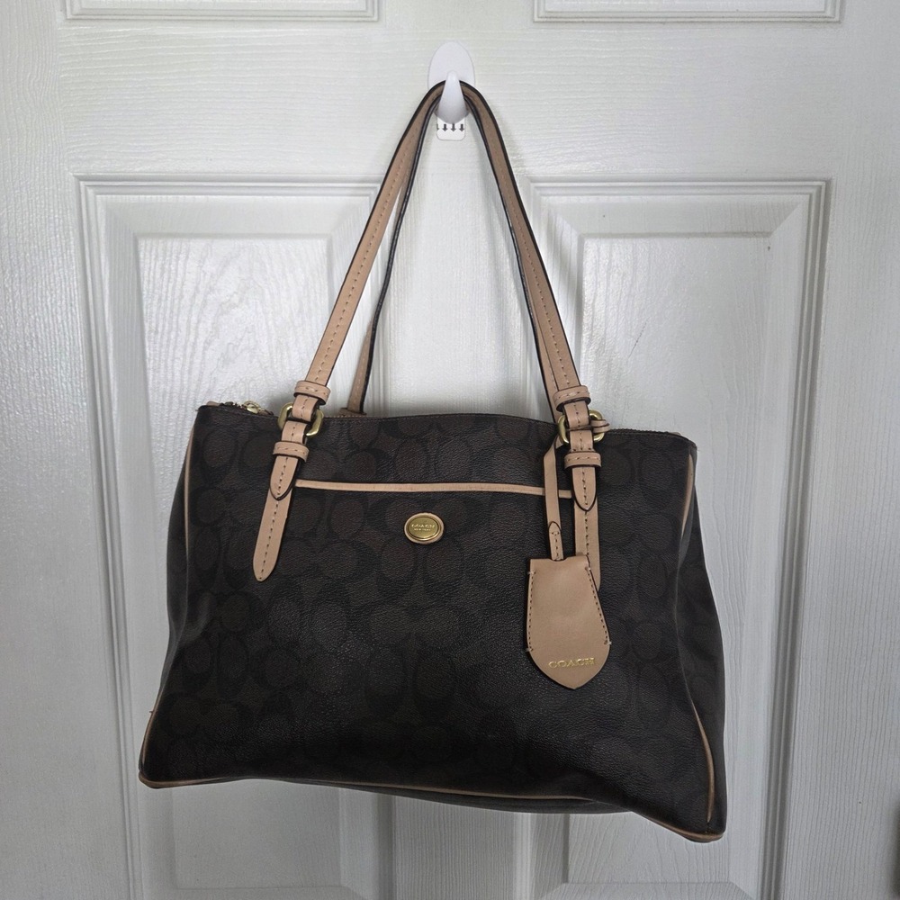 Coach Signature Monogram Canvas Peyton Bag Brown Tan Leather Trim Gold Hardware